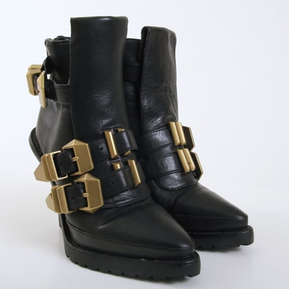 Alexander Wang‎ Hanne Triple Buckles Heeled Moto Boots Black Women Size 5